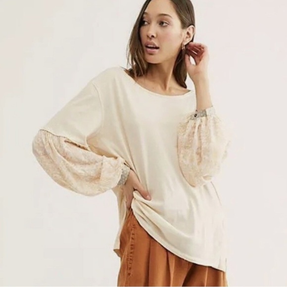 We The Free People Small Jade Long Balloon Sleeve Pattern Print Top Ecru Beige S - Picture 1 of 10